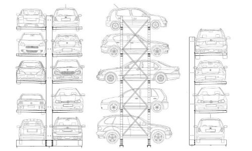 Car rack cad drawing featuring five-car high and four-car high racks